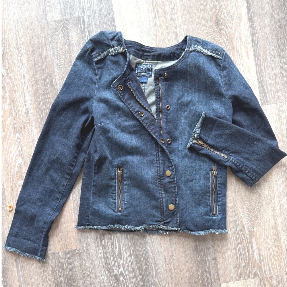 Lucky Brand Adamson Dark Wash Frayed Denim Jacket Moto Zip Womens Size S Small